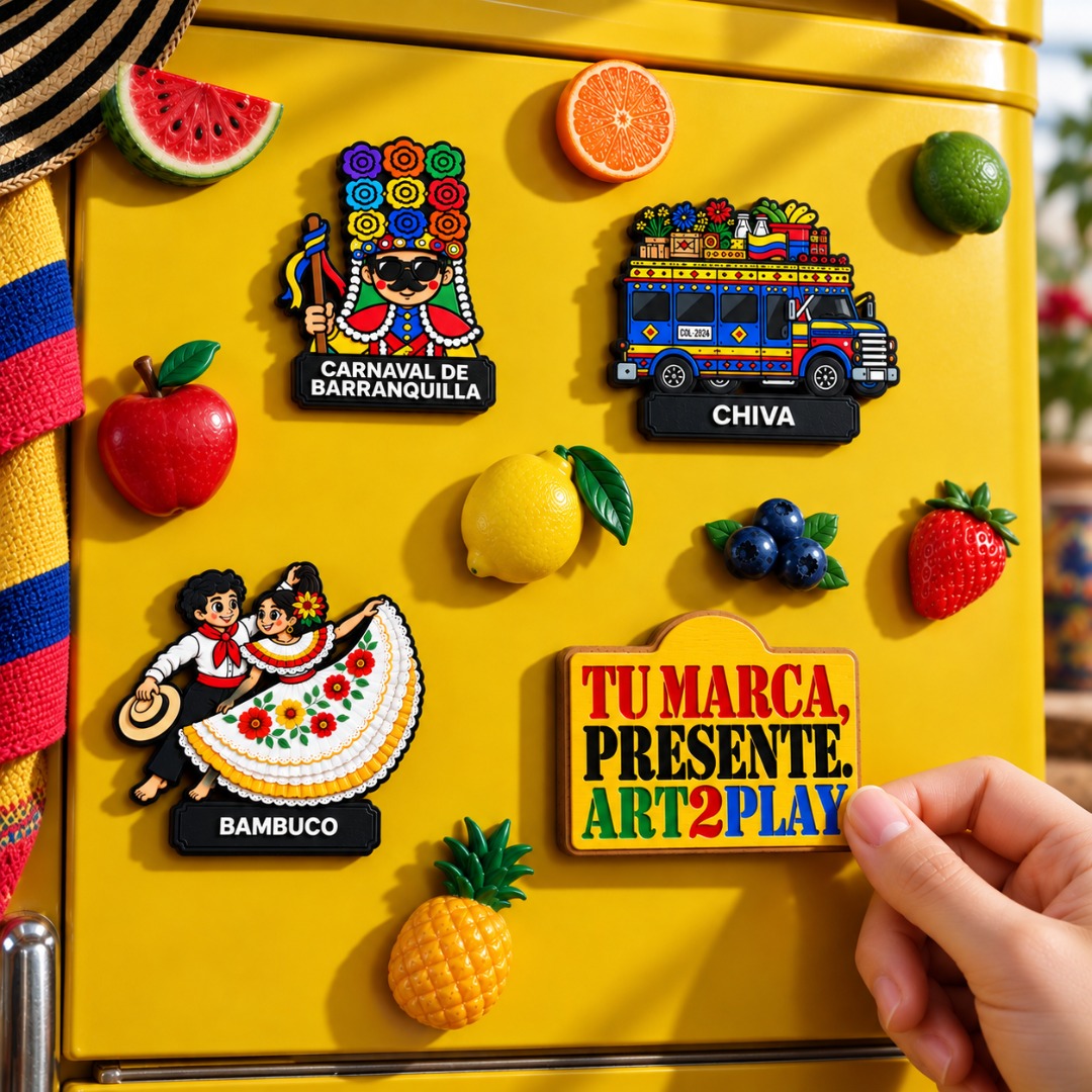 Magnetos de madera con diseños de Colombia en un refrigerador